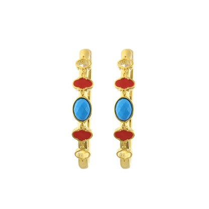 Dragon Lady Enamel Hoop earrings in gold-tone with red enamel and blue oval drops, 2 pieces on Tampa Home & Garden Store