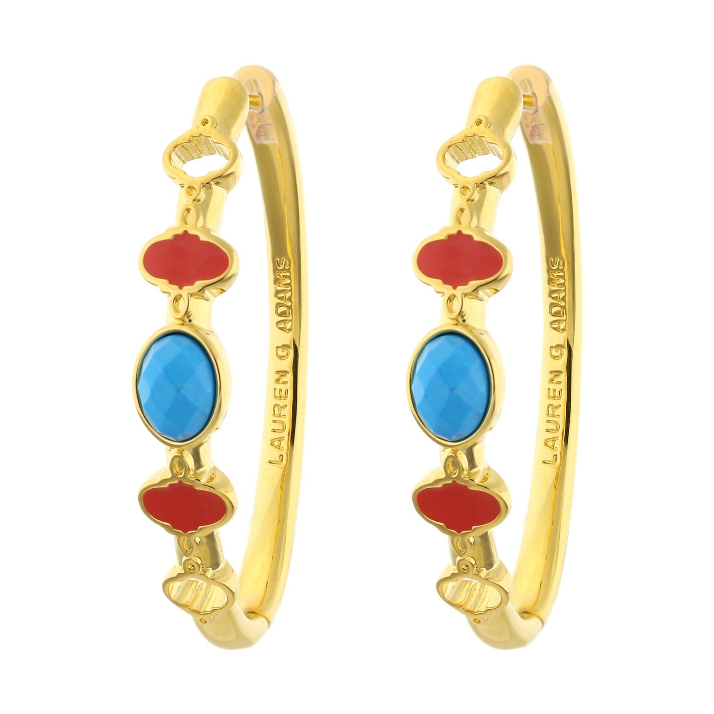 Dragon Lady enamel hoops in gold tone with blue and red stones by Lauren G Adams two on Tampa Home & Garden Store