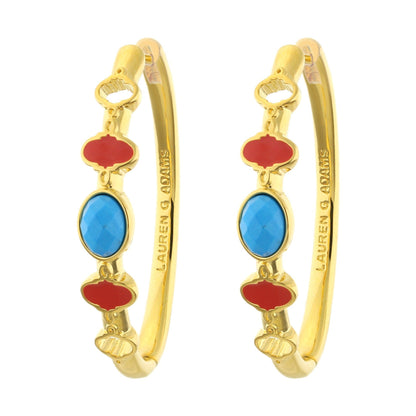 Dragon Lady enamel hoops in gold tone with blue and red stones by Lauren G Adams two on Tampa Home & Garden Store