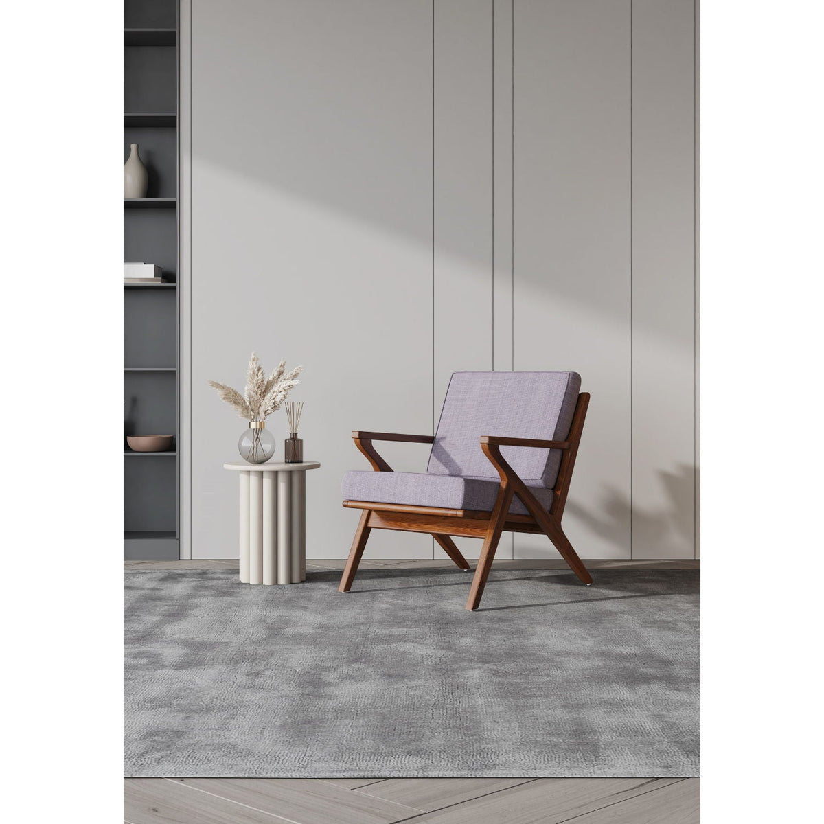 Martelle Accent Armchair with lavender upholstery and wooden armrests in a modern living space on Tampa Home & Garden Store