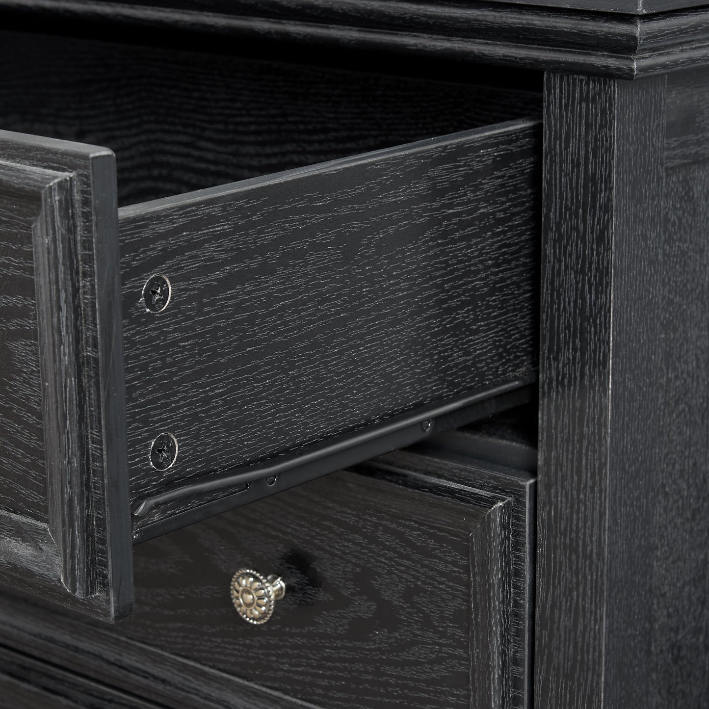 Modern 5-Drawer Black Dresser with dark wood grain finish and metal knob on Tampa Home & Garden Store
