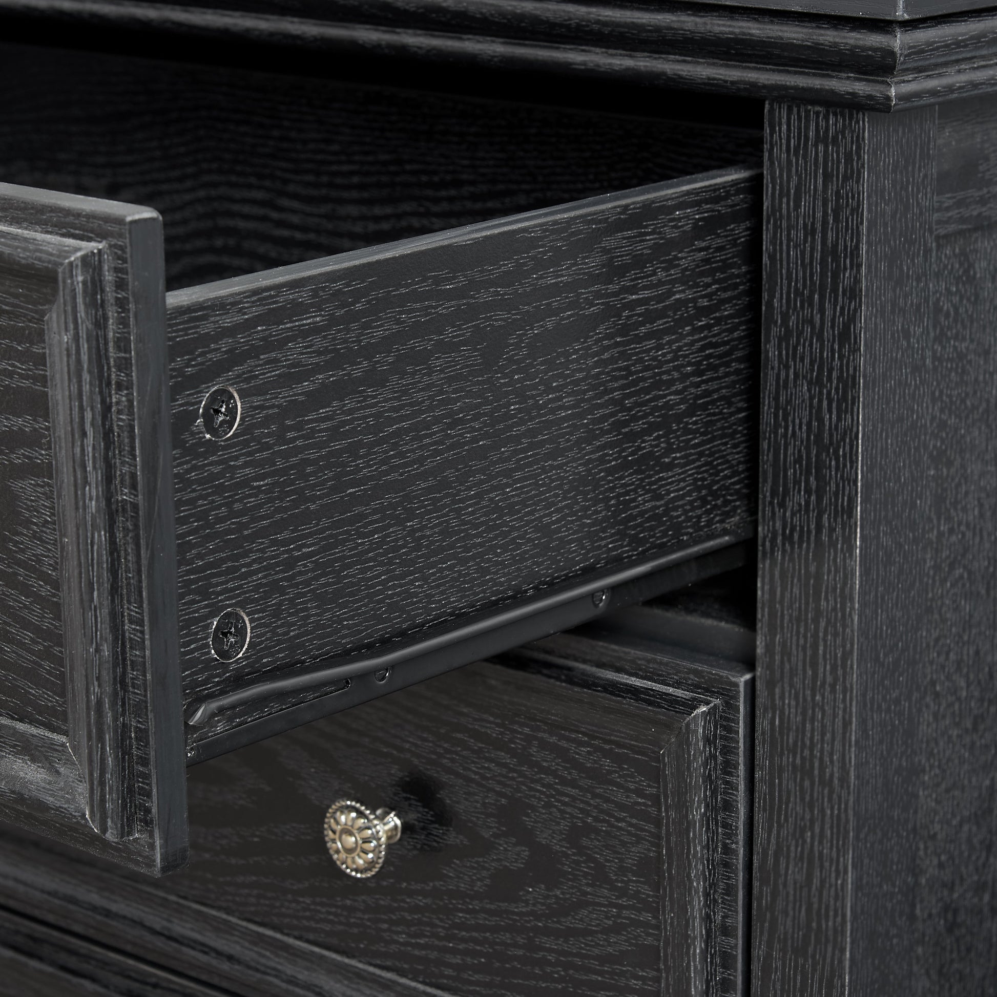 Modern 5-Drawer Black Dresser with dark wood grain finish and metal knob on Tampa Home & Garden Store