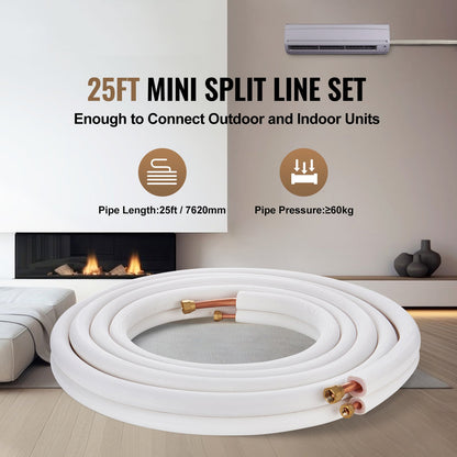 White 25ft mini split line set with copper tubing coil and brass fittings in living room scene on Tampa Home & Garden Store