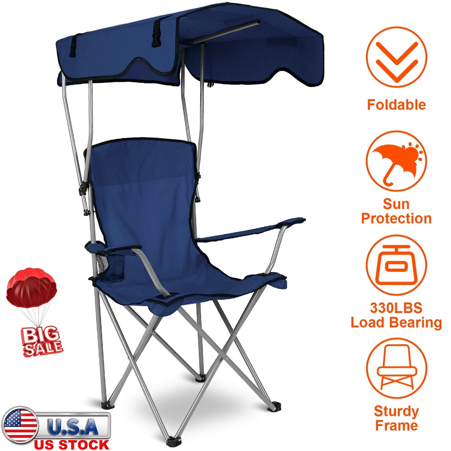 GemGear foldable beach canopy chair blue with cup holder, 330lb load capacity, sturdy frame on Tampa Home & Garden Store