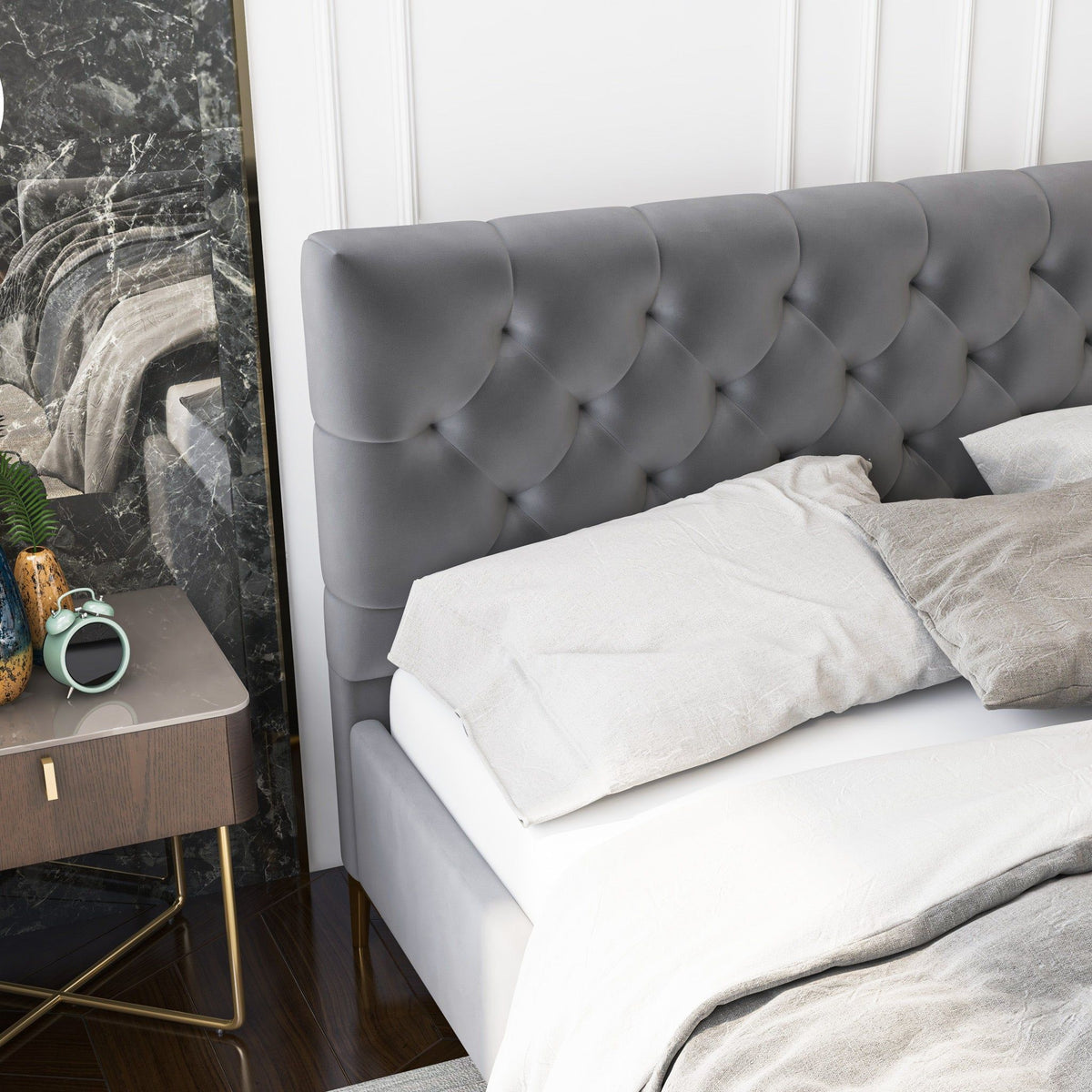 Elegant Design Upholstered Bed with dark gray tufted headboard and wood frame HouseOfZazla on Tampa Home & Garden Store