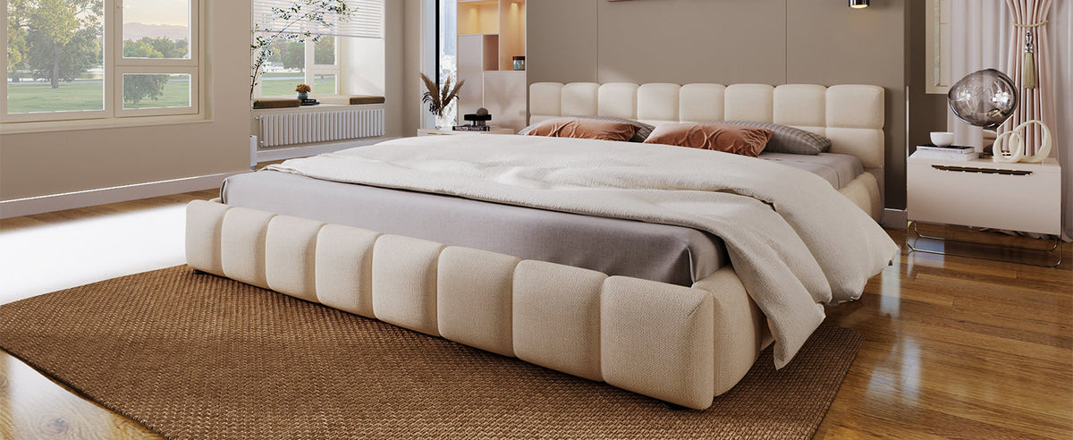 Elegant beige chenille upholstered bed with checkerboard headboard and low platform base on Tampa Home & Garden Store