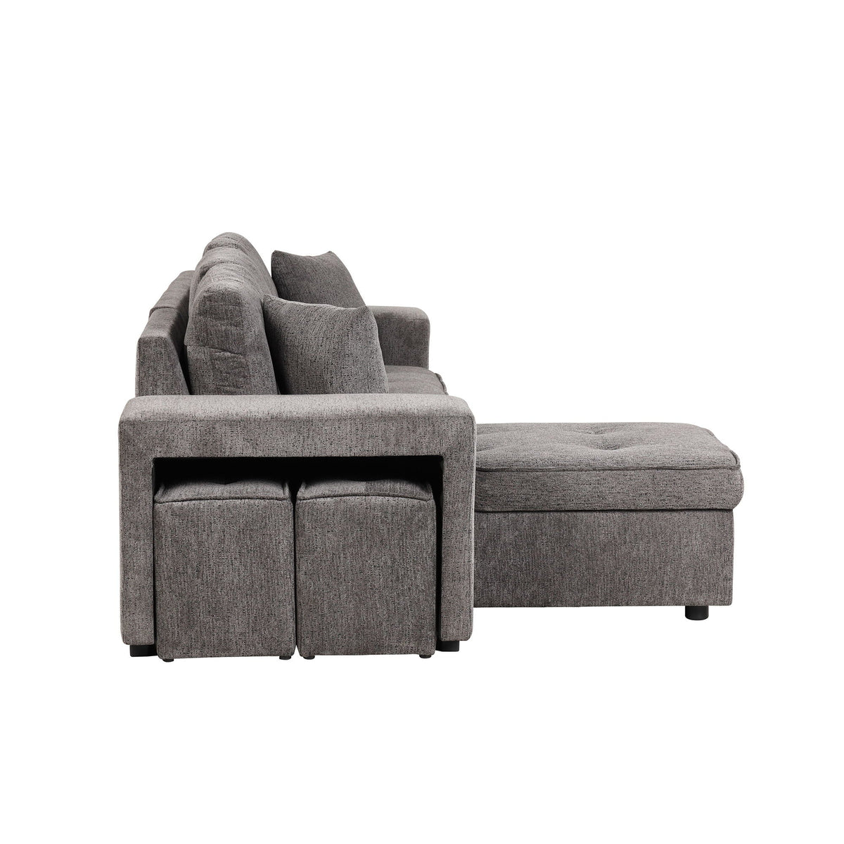 Modern gray L-shaped 3-seat reversible sleeper sectional sofa with storage chaise and 2 stools on Tampa Home & Garden Store