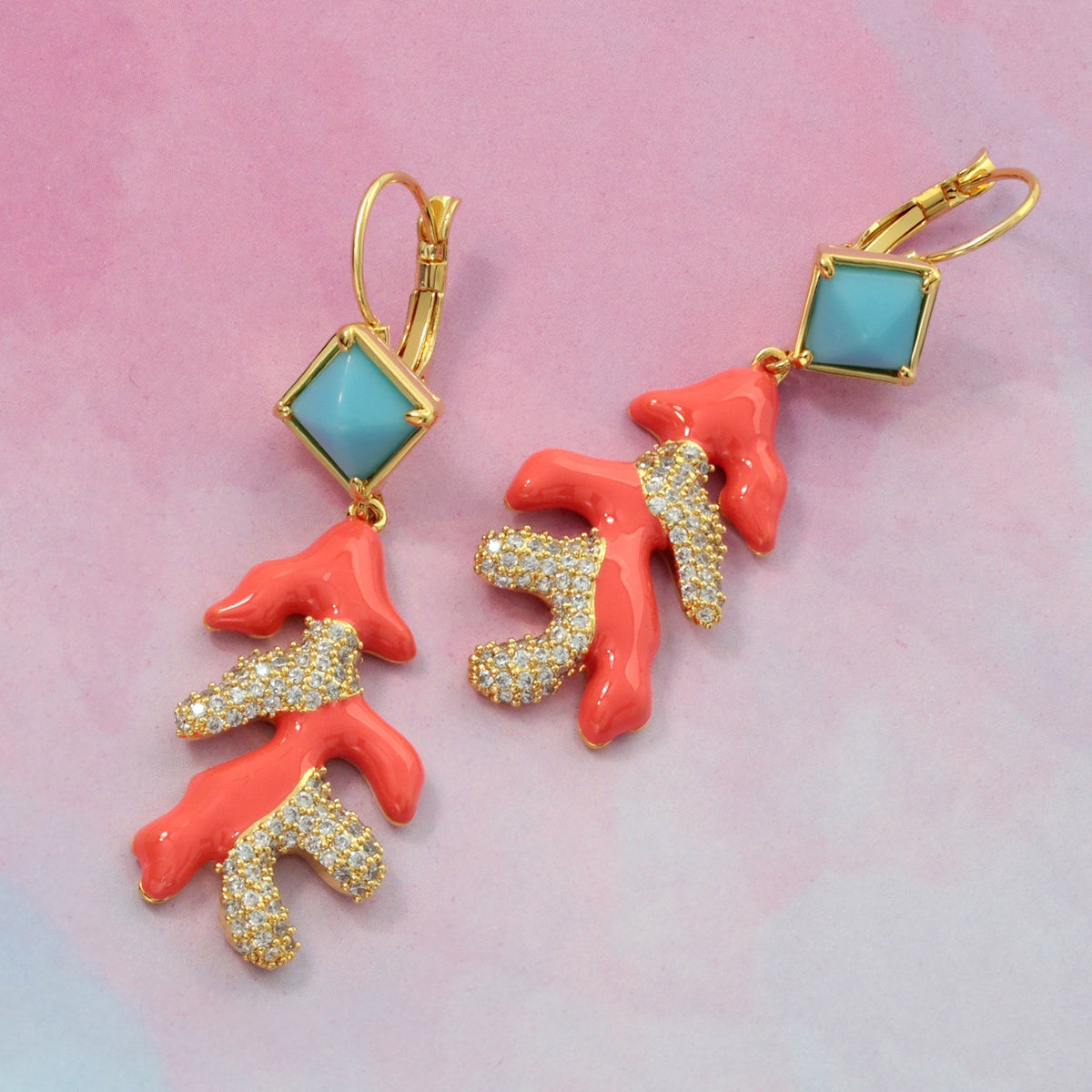 Pretty Little Things Coral Earrings pair, gold-tone dangle turquoise square and coral drops on Tampa Home & Garden Store