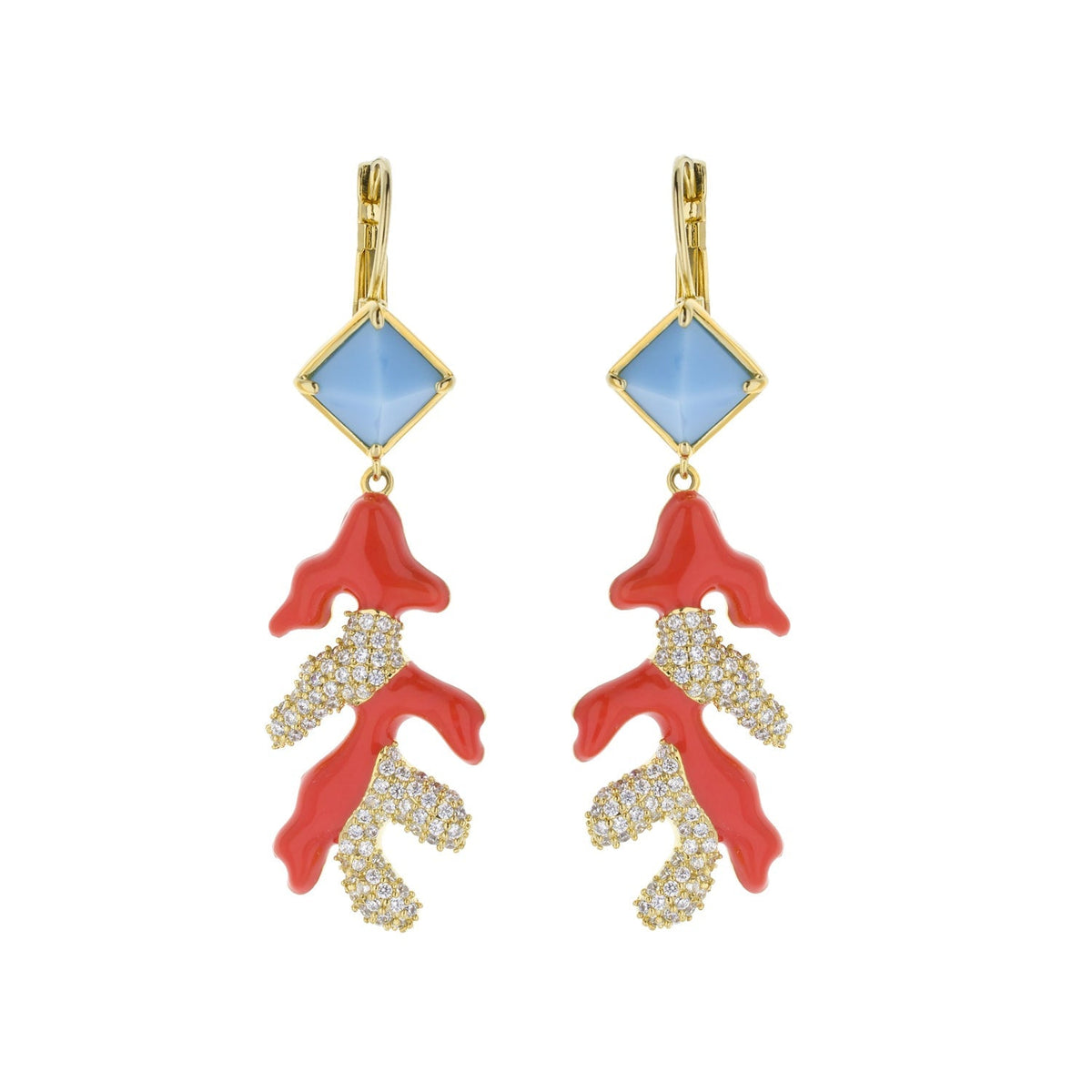 Pretty Little Things Coral Dangle Earrings with blue square stones and red coral charms on Tampa Home & Garden Store