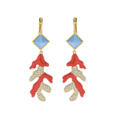 Pretty Little Things Coral Dangle Earrings with blue square stones and red coral charms on Tampa Home & Garden Store