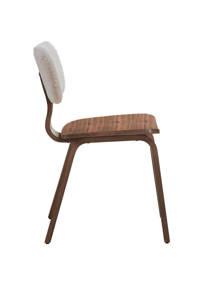 Boucle Walnut Side Chair with white upholstery on backrest and wooden seat on curved walnut frame on Tampa Home & Garden Store