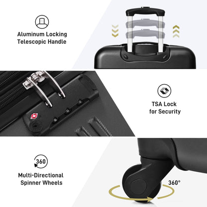 HouseOfZazla 3-Piece 20/24/28in Hardside Luggage: spinner, TSA lock, telescopic handle, black on Tampa Home & Garden Store