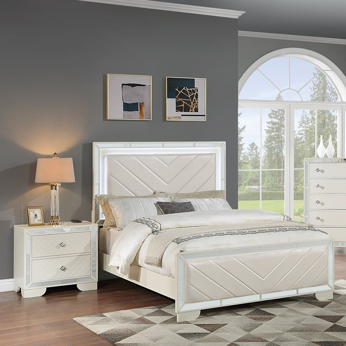 3 Piece Bedroom Set Bed with LED Lights and Mirrored Nightstands in white on Tampa Home & Garden Store