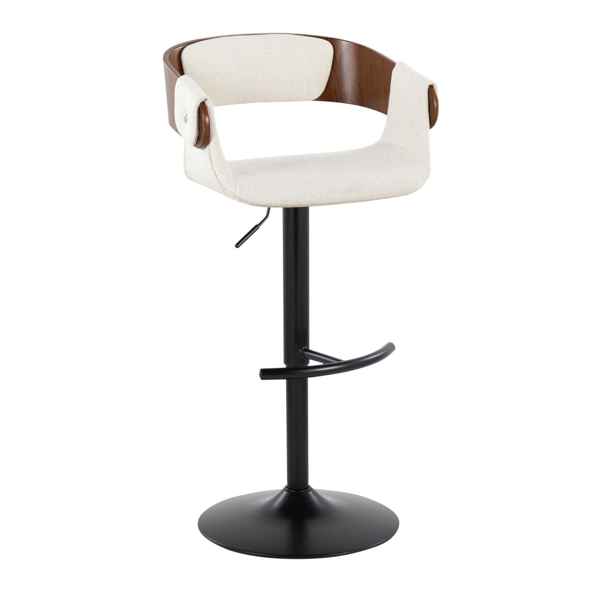 Mid-Century Modern adjustable barstool with swivel, beige fabric upholstery and wood back on Tampa Home & Garden Store