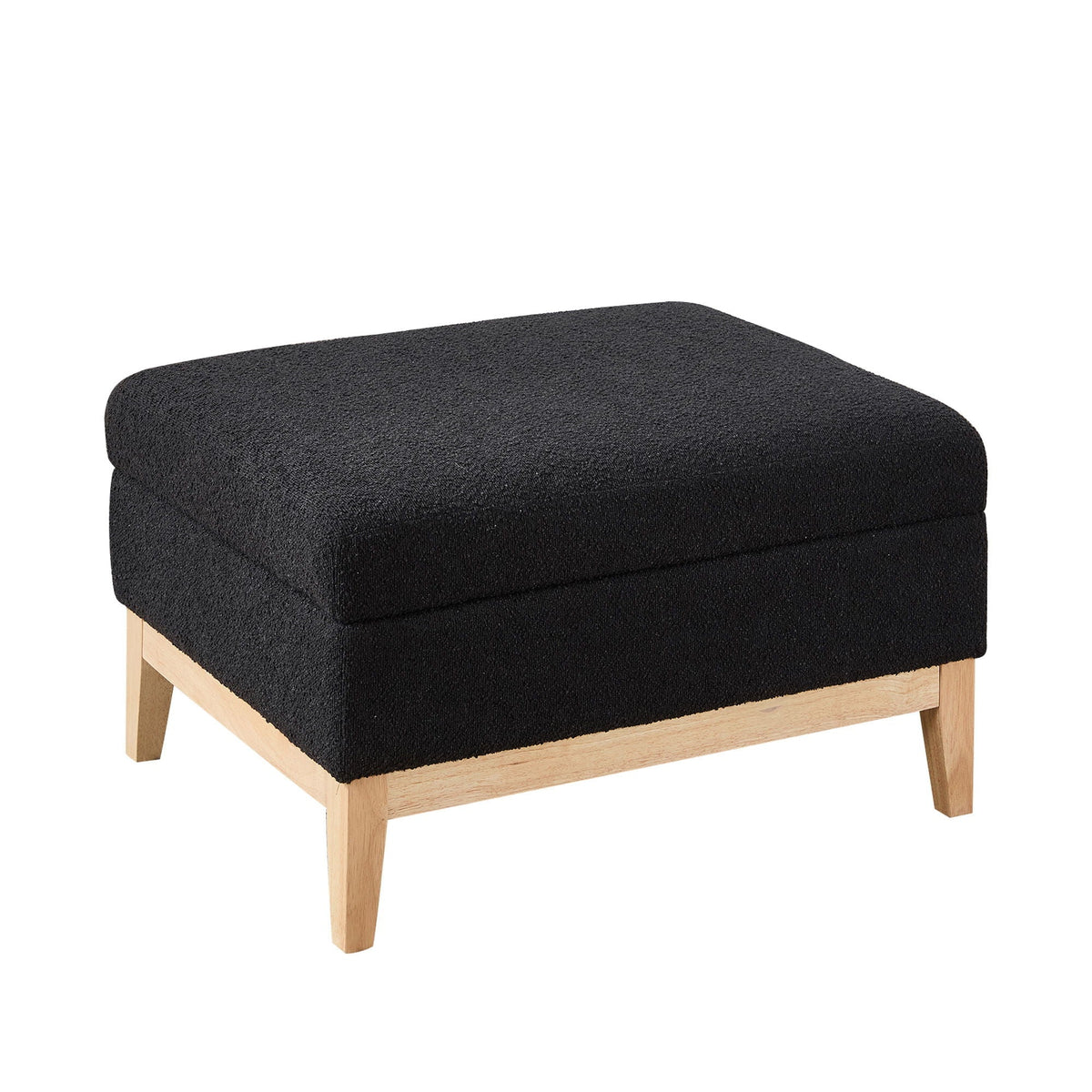Upholstered storage ottoman with black fabric and wood legs; reversible lid coffee table style on Tampa Home & Garden Store
