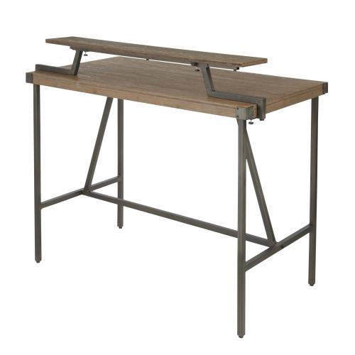 Industrial counter table with metal frame and dark brown wood top with raised back shelf on Tampa Home & Garden Store