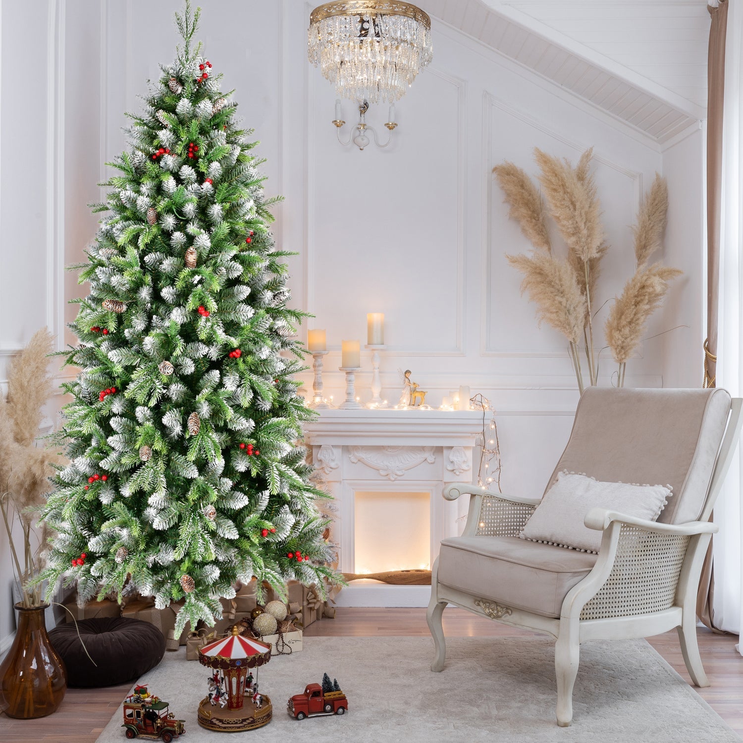6ft pre-lit Christmas tree with 380 warm white LED lights, snow-tipped needles and red berries on Tampa Home & Garden Store