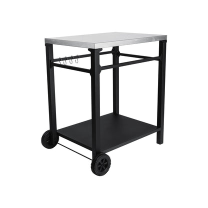 2-Tier Outdoor Grill Cart by HouseOfZazla with metal top and black steel frame, utensil hooks, caster wheels on Tampa Home & Garden Store