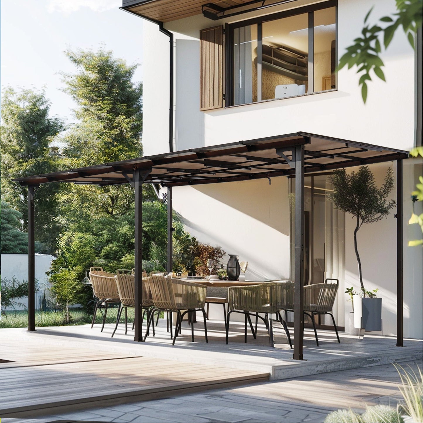 Wall mounted outdoor pergola gazebo with a heavy duty dark metal frame and roof on patio on Tampa Home & Garden Store