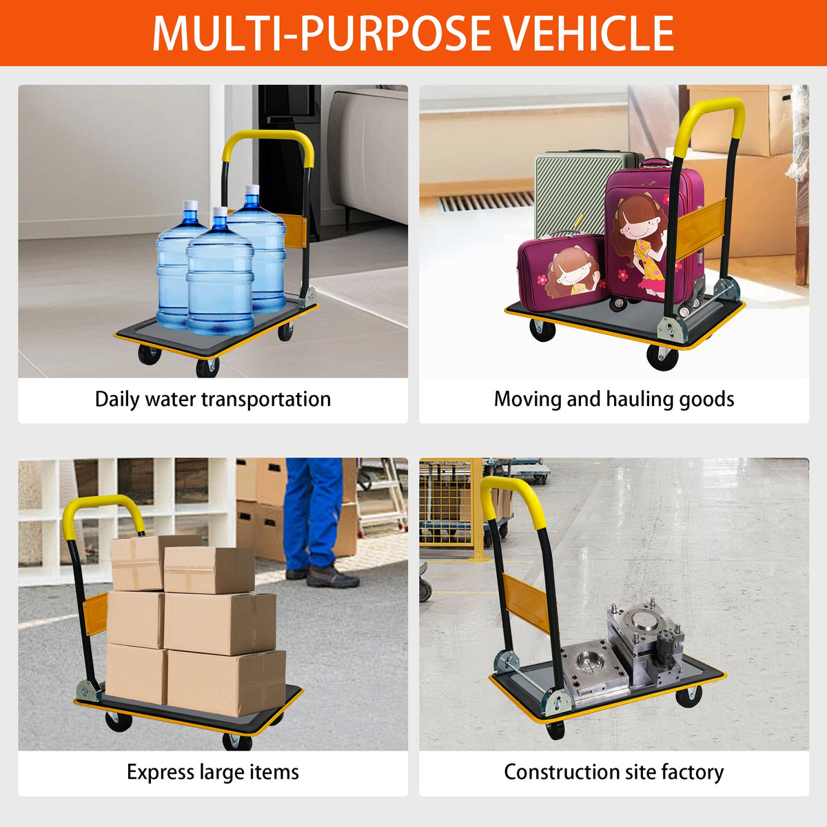 330lbs heavy duty flatbed cart with folding platform yellow handle carrying water jugs on Tampa Home & Garden Store