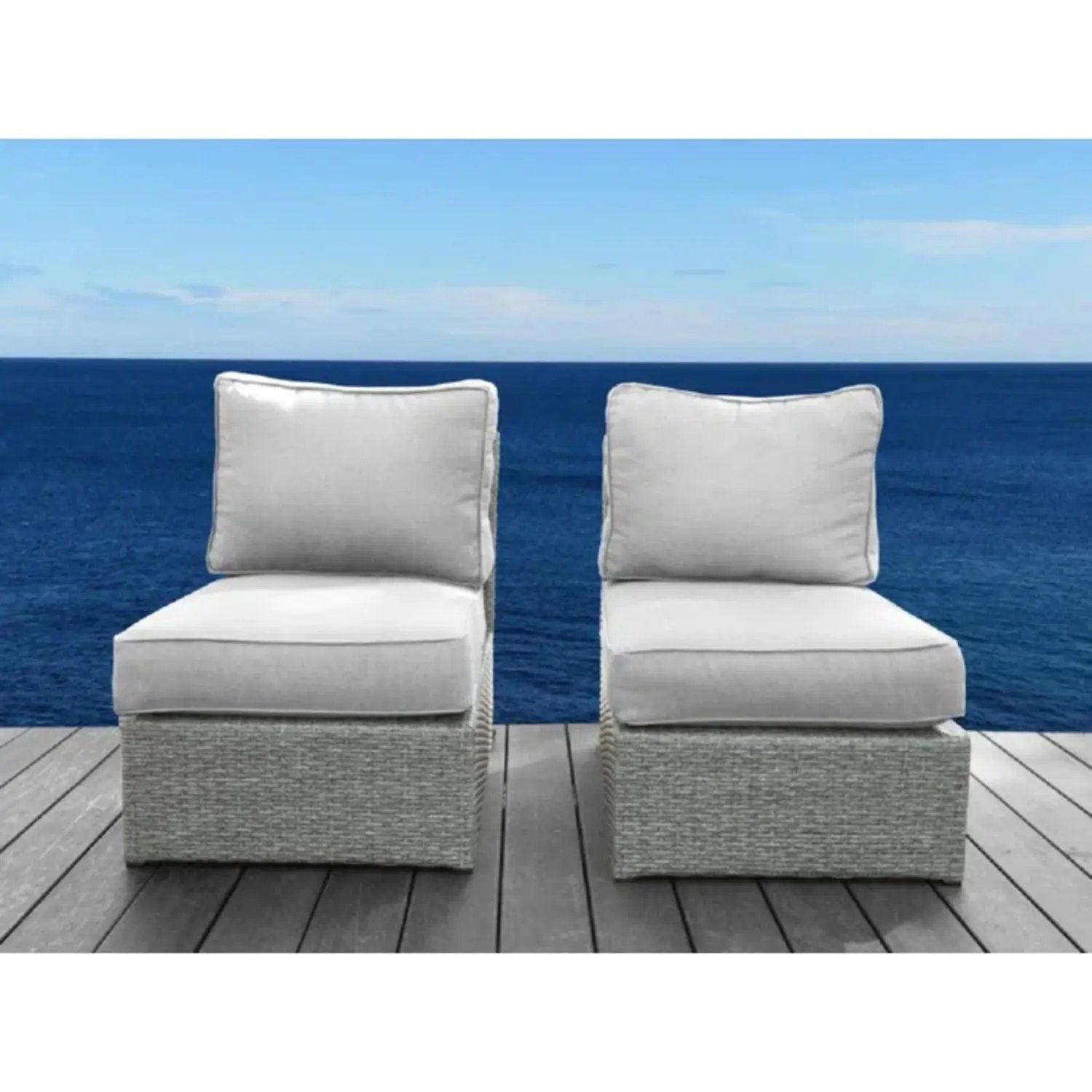 Armless patio chair set with light gray cushions, wicker bases by Unique Piece Furniture on deck on Tampa Home & Garden Store