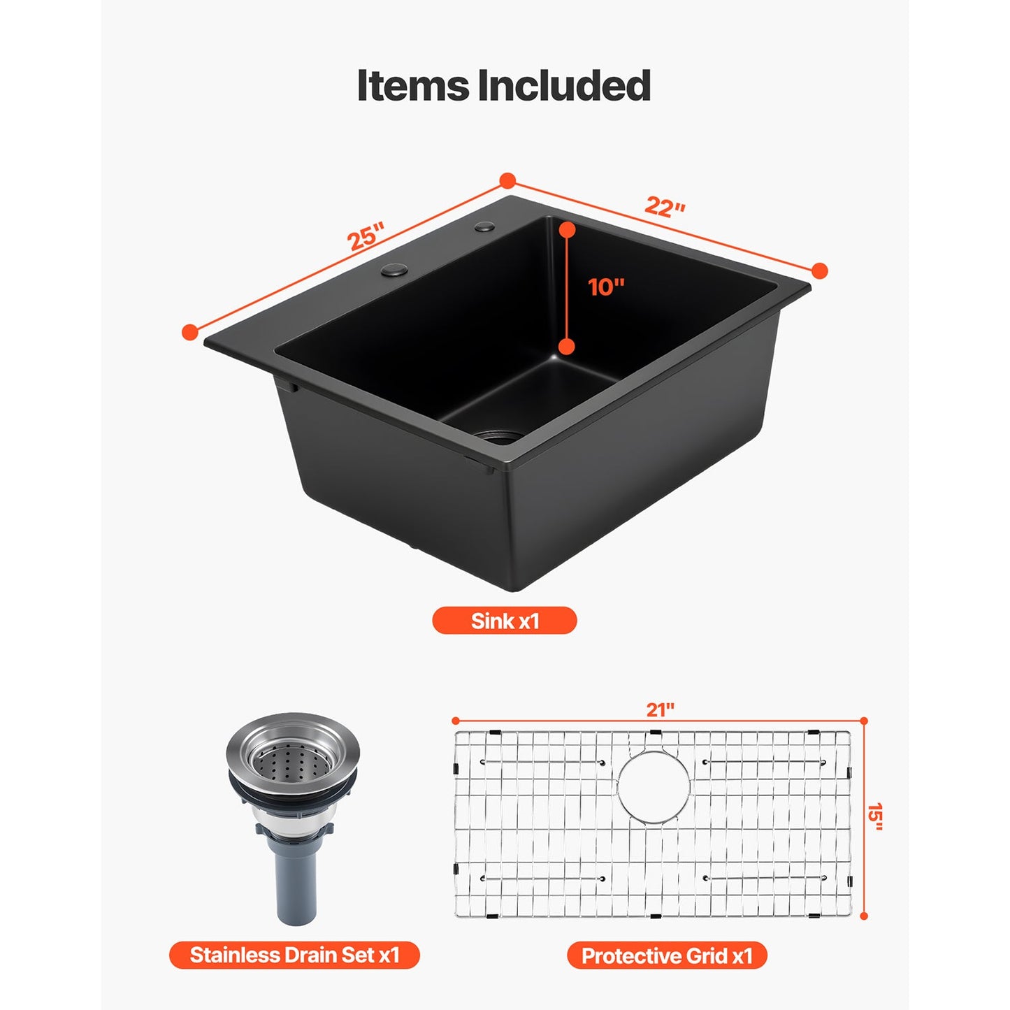 25in granite top-mount single-bowl sink by HouseOfZazla black dropin RV with 10 in depth on Tampa Home & Garden Store