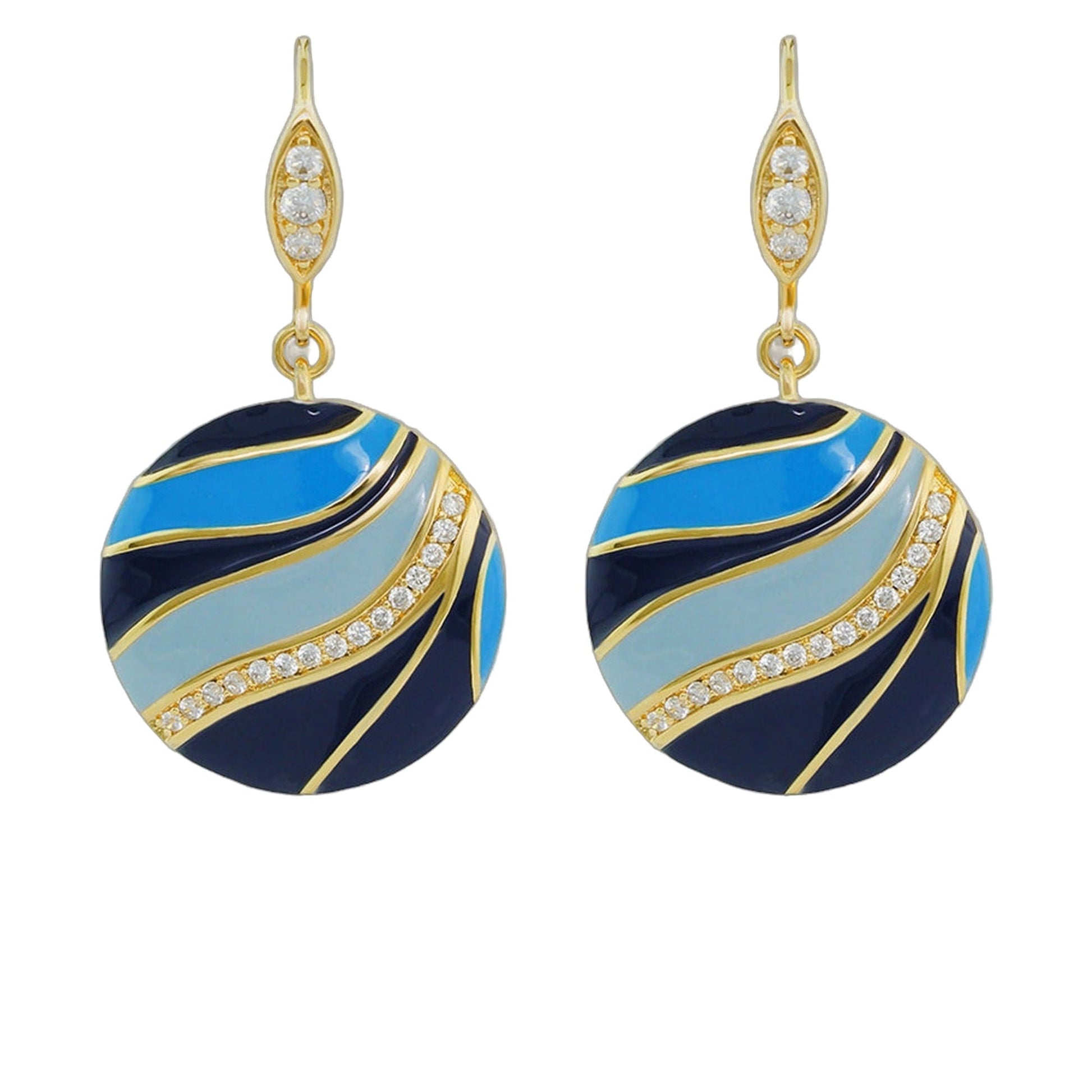 Earrings Blue Dream Pavé Wave Disc Drop Lauren G Adams, gold-tone with crystals and blue enamel on Tampa Home & Garden Store