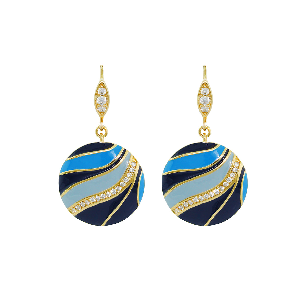 Blue Dream Earrings pair by Lauren G Adams with pavé diamonds and blue enamel wave discs on Tampa Home & Garden Store