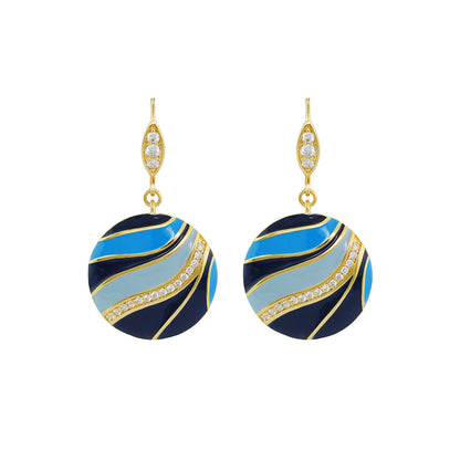 Blue Dream Earrings pair by Lauren G Adams with pavé diamonds and blue enamel wave discs on Tampa Home & Garden Store