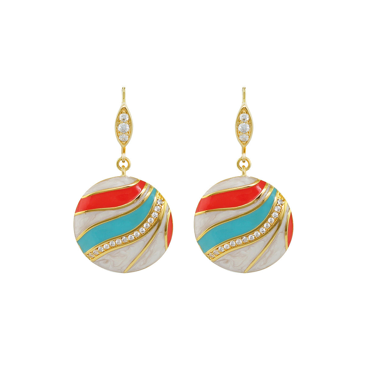 Blue Dream Earrings pair Lauren G Adams, gold-tone pavé wave disc drops red turquoise enamel on Tampa Home & Garden Store