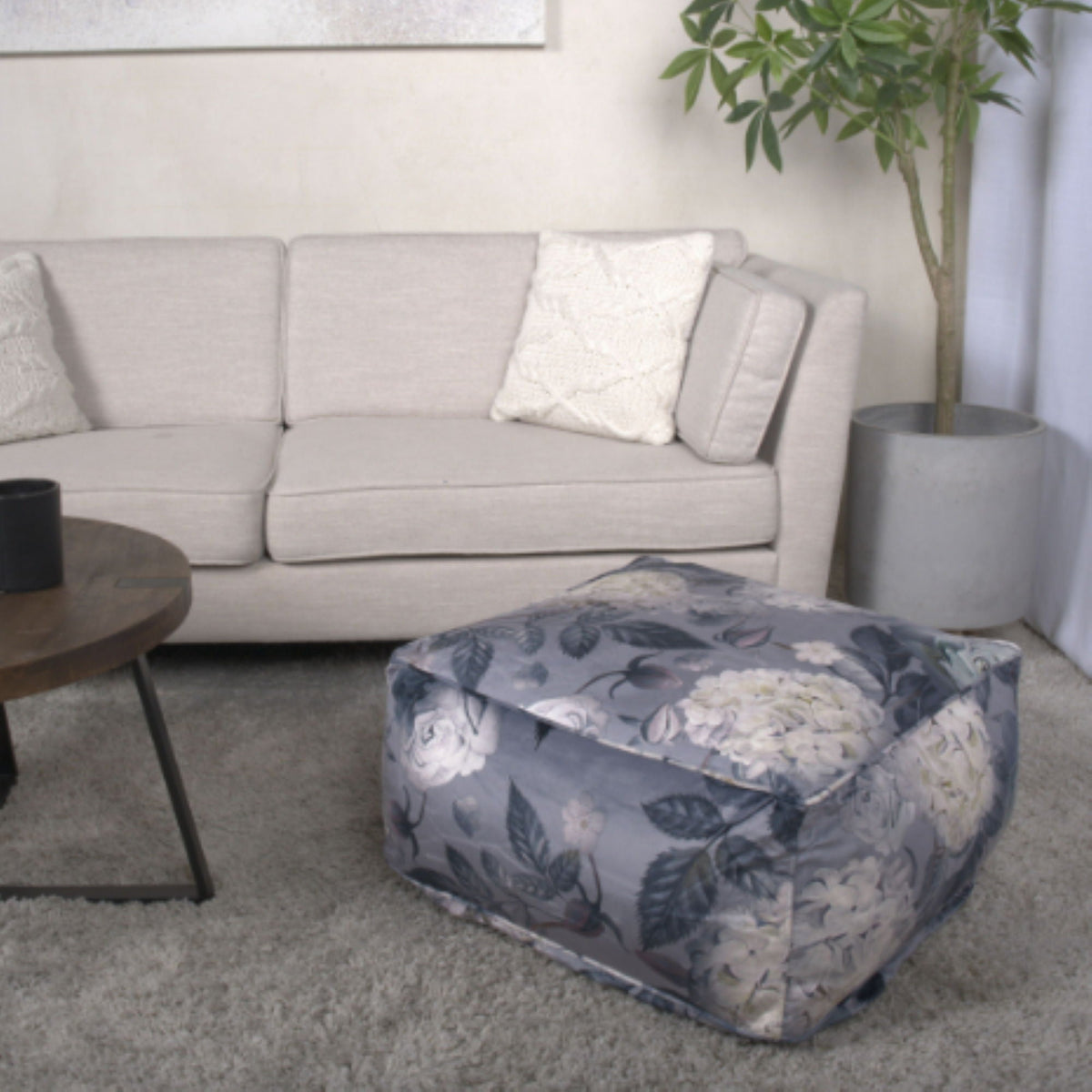 Flower-print square pouf in dark gray with blue floral pattern, HouseOfZazla accent pouf on Tampa Home & Garden Store