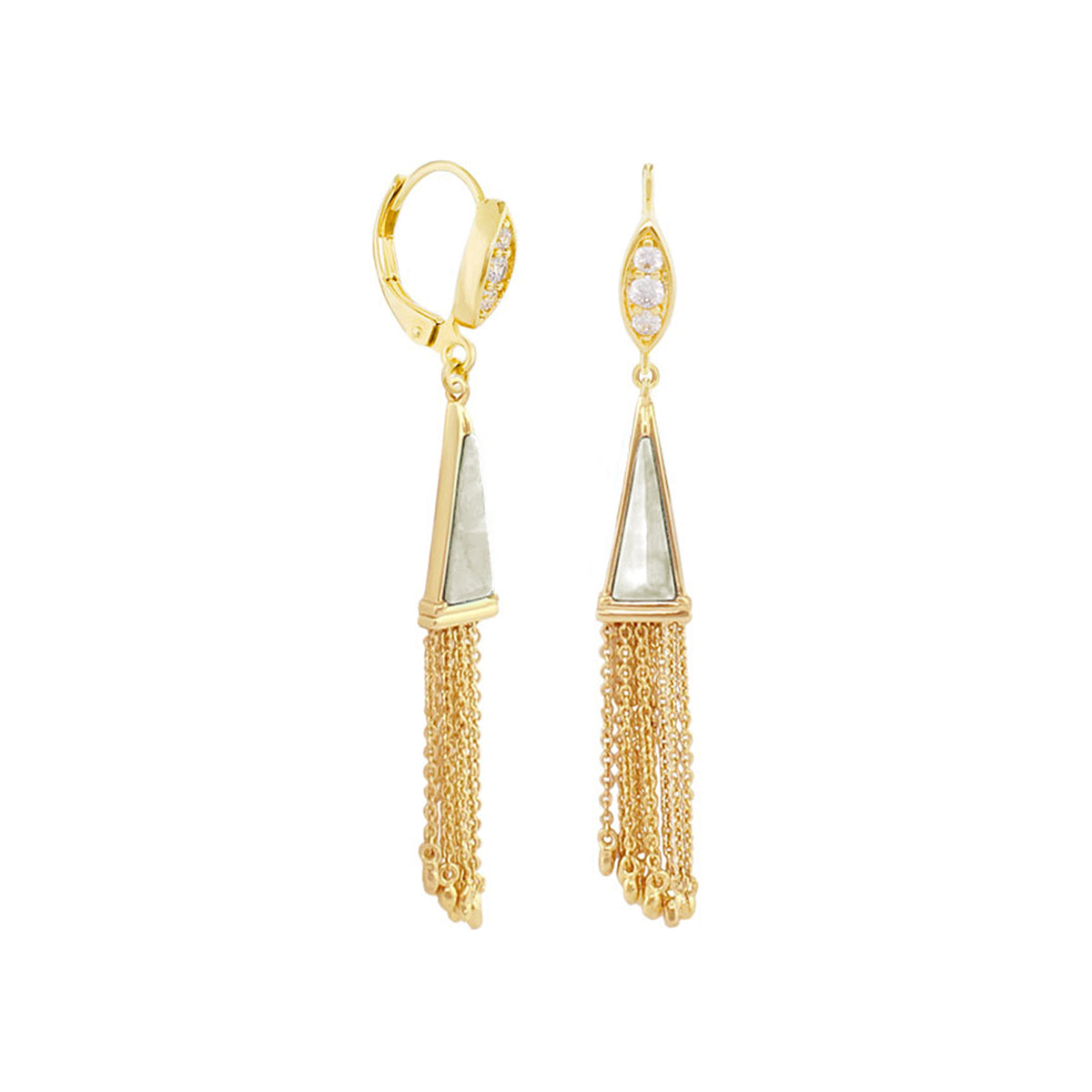 Retro Hippie Chic earrings by Lauren G Adams, gold-tone triangular drops with tassel fringe on Tampa Home & Garden Store