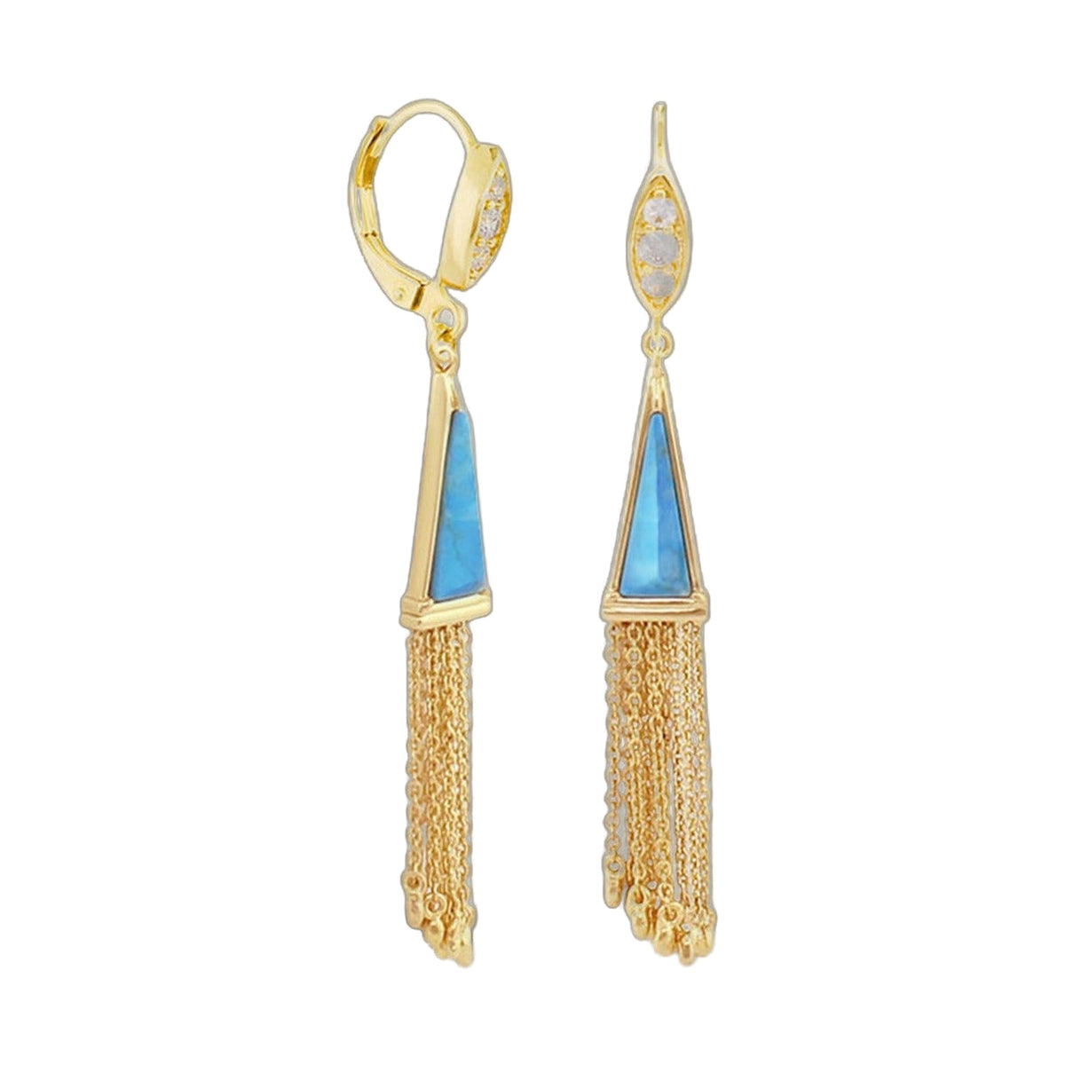 Retro Hippie Chic Earrings gold-tone with turquoise triangle drops and diamond accents on Tampa Home & Garden Store