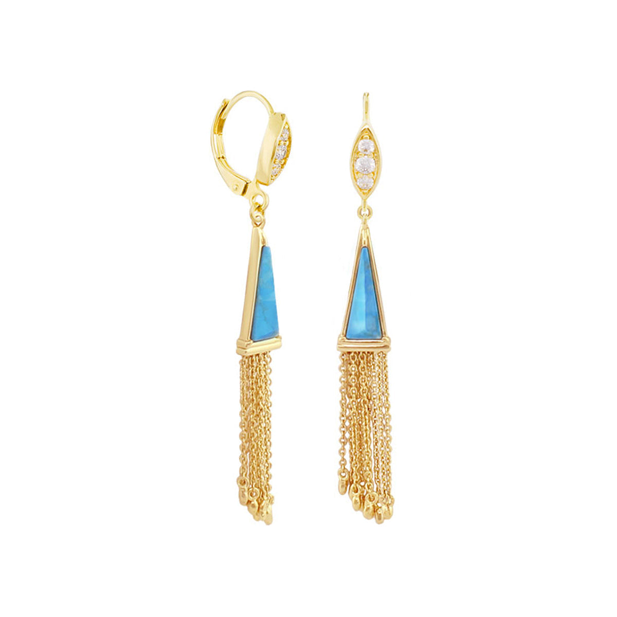 Retro Hippie Chic Earrings goldtone with blue triangular stones and delicate tassel chains on Tampa Home & Garden Store