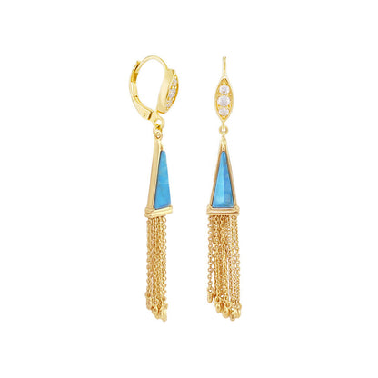 Retro Hippie Chic Earrings goldtone with blue triangular stones and delicate tassel chains on Tampa Home & Garden Store
