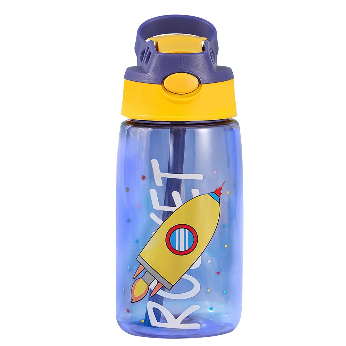 Kids water bottle 16.2oz blue with yellow and purple push-button lid and rocket print on Tampa Home & Garden Store