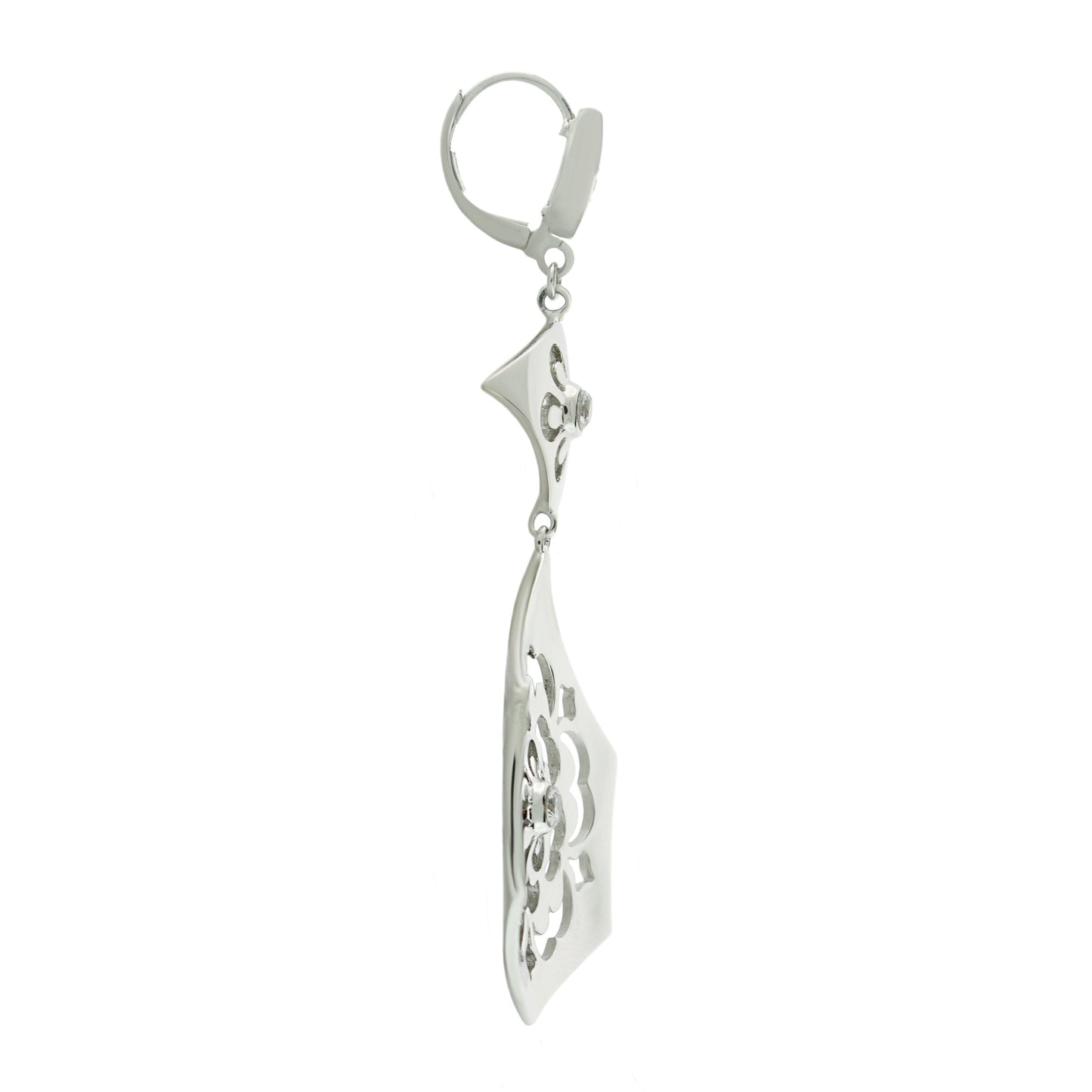 Lux chandelier earrings in silver with ornate cutout leaf pendant on Tampa Home & Garden Store