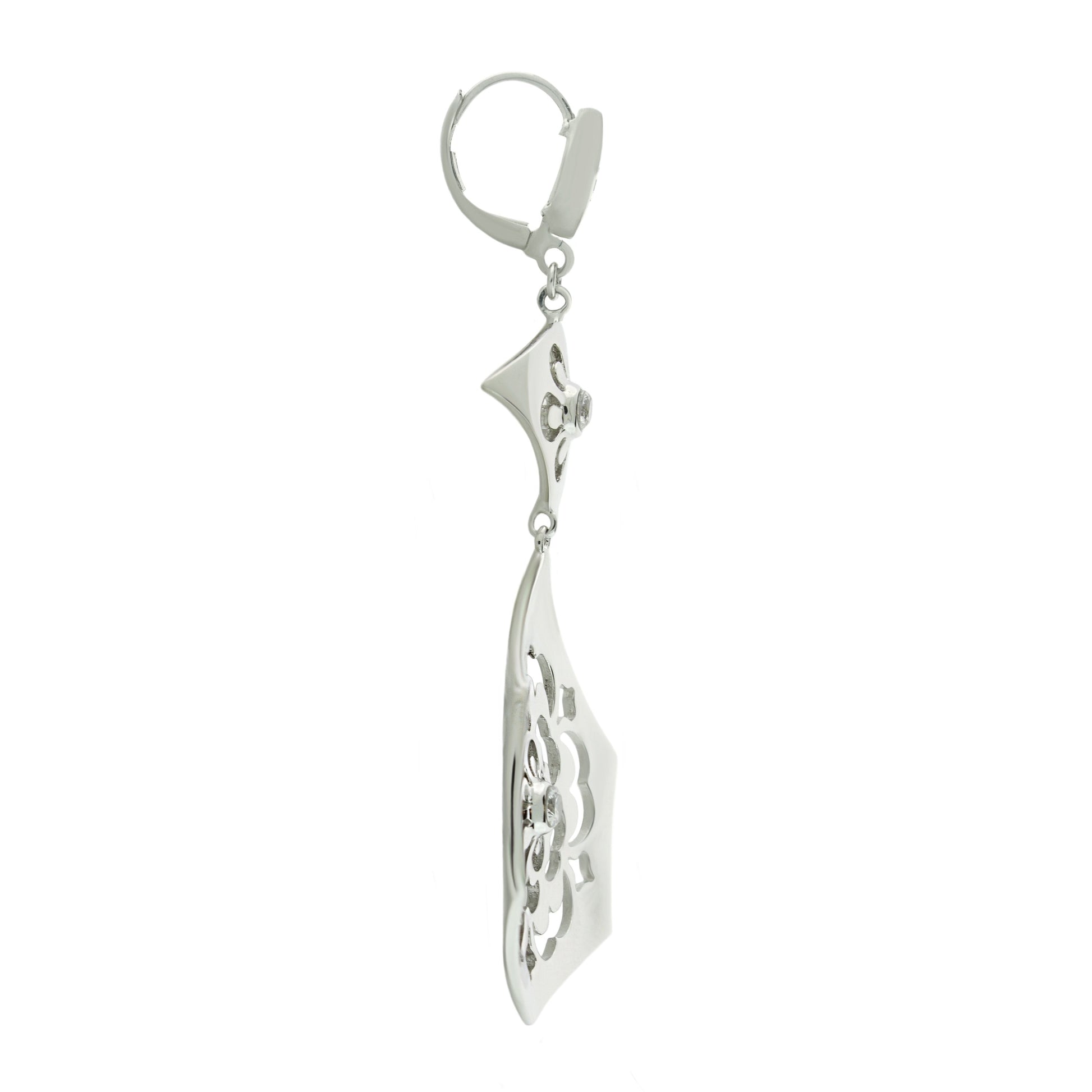 Lux chandelier earrings in silver with ornate cutout leaf pendant on Tampa Home & Garden Store
