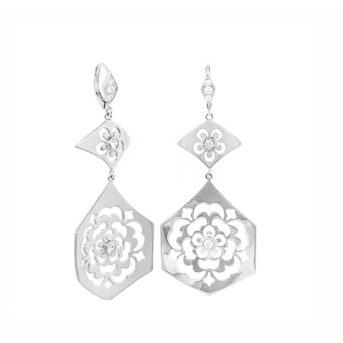 Lux Earrings chandelier in silver with floral cutouts and crystal accents by Lauren G Adams on Tampa Home & Garden Store