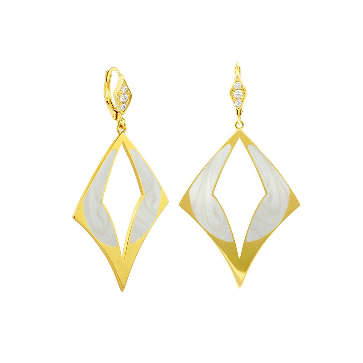 Imagine Thai Dangle Earrings, gold-tone diamond frames with white enamel, diamond accents, pair on Tampa Home & Garden Store