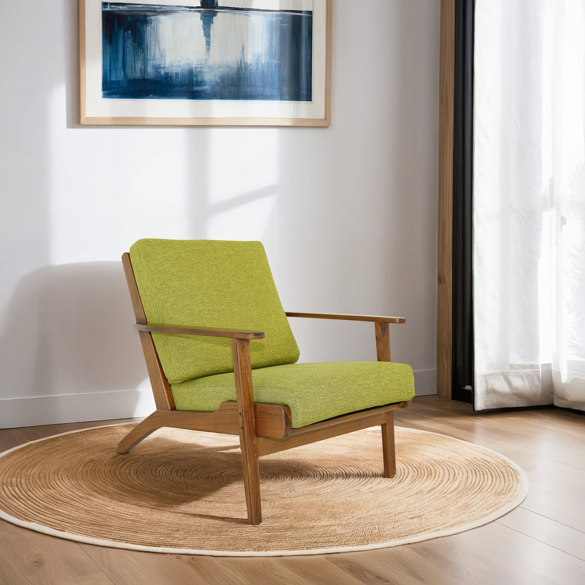 Genuine lounge chair with solid wood frame and green fabric in a bright room on Tampa Home & Garden Store