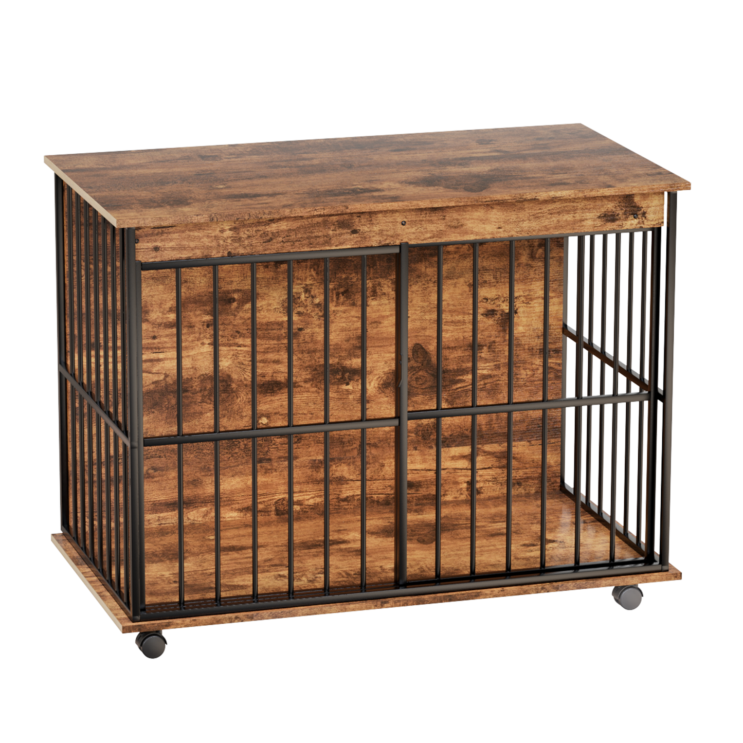 Large wooden dog crate furniture on casters with black metal bars and rustic barnwood finish on Tampa Home & Garden Store
