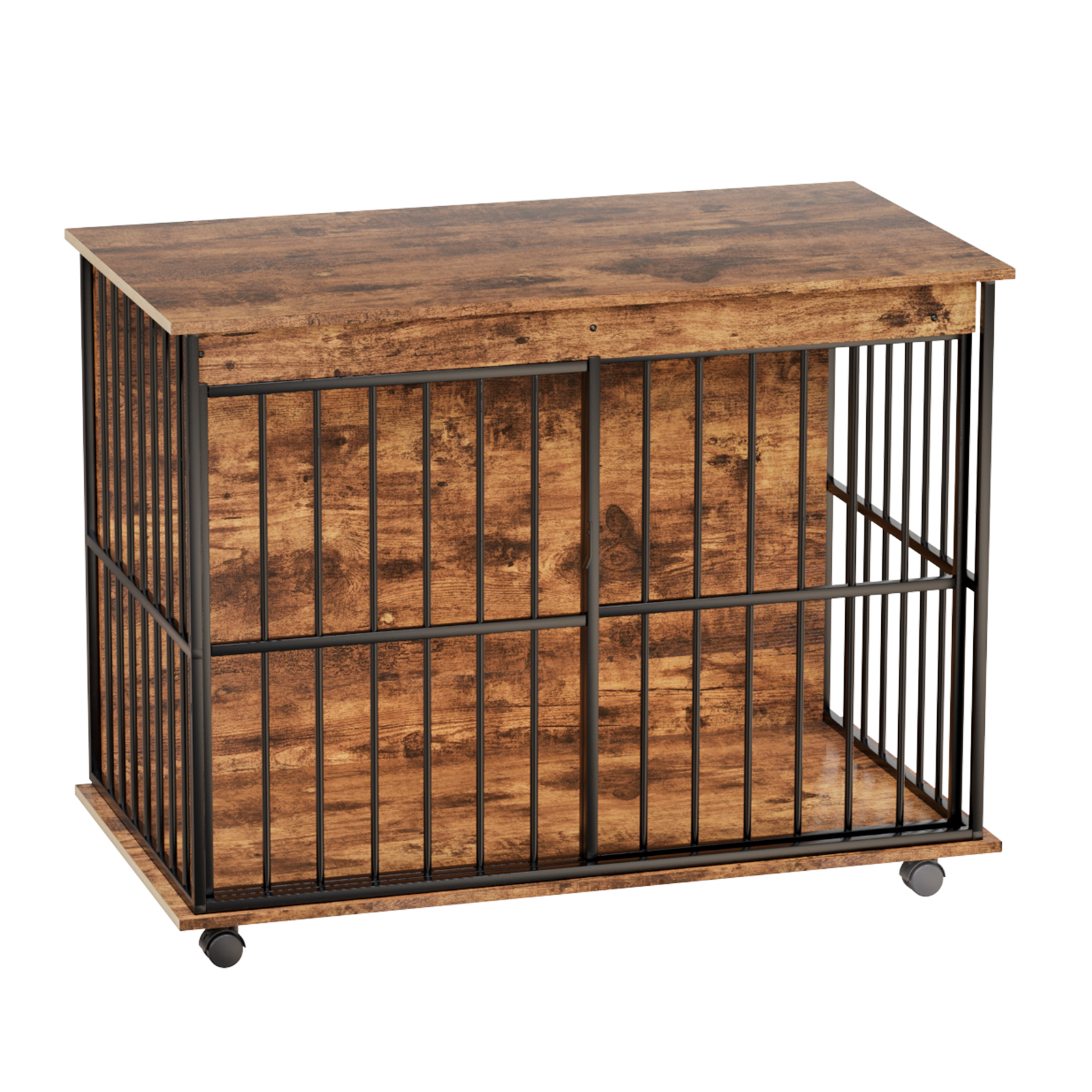 Large wooden dog crate furniture on casters with black metal bars and rustic barnwood finish on Tampa Home & Garden Store