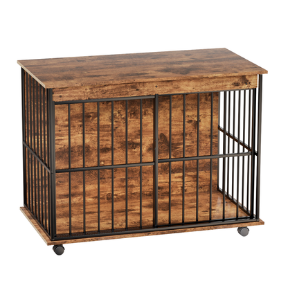 Large wooden dog crate furniture on casters with black metal bars and rustic barnwood finish on Tampa Home & Garden Store