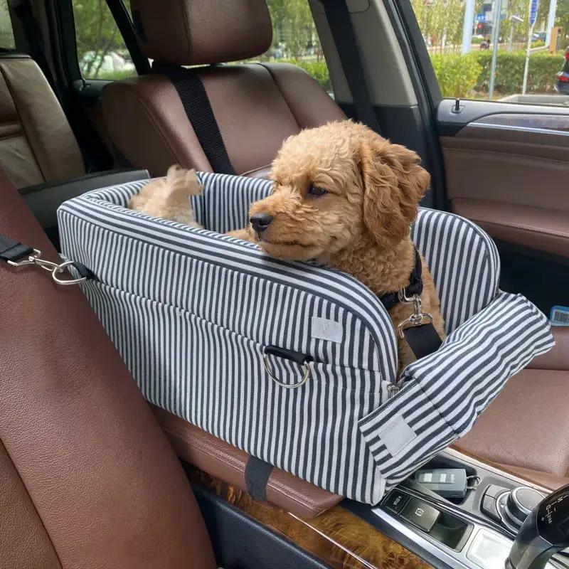 Center Console Dog Car Seat striped navy white fabric with harness The Max & Rex Collection on Tampa Home & Garden Store