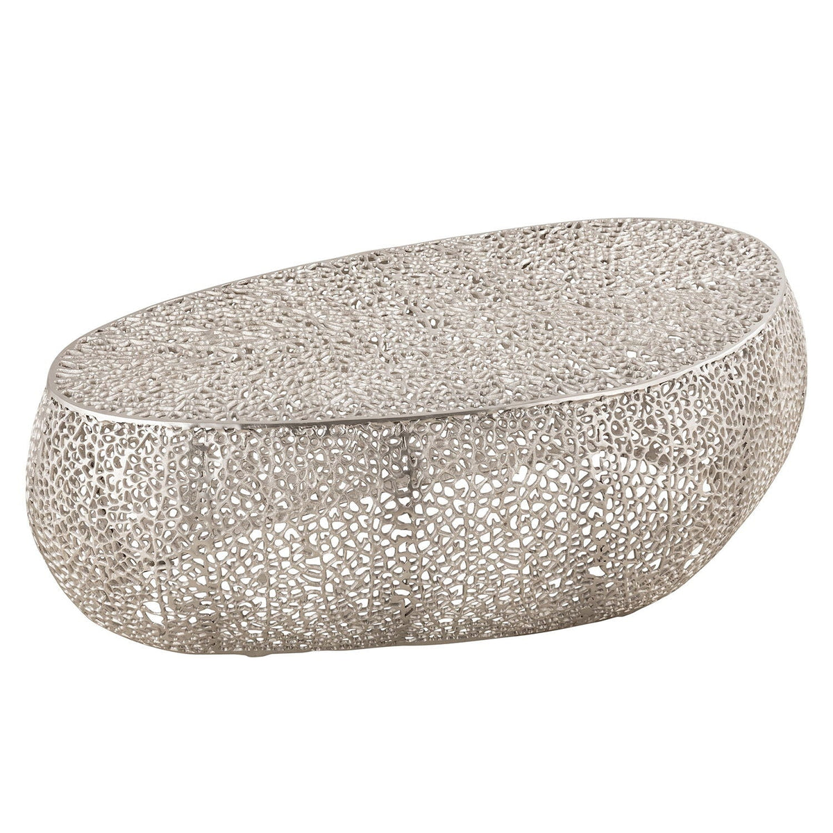 Oval coffee table with pearl silver aluminum frame in a detailed lattice design on Tampa Home & Garden Store