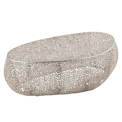 Oval coffee table with pearl silver aluminum frame in a detailed lattice design on Tampa Home & Garden Store