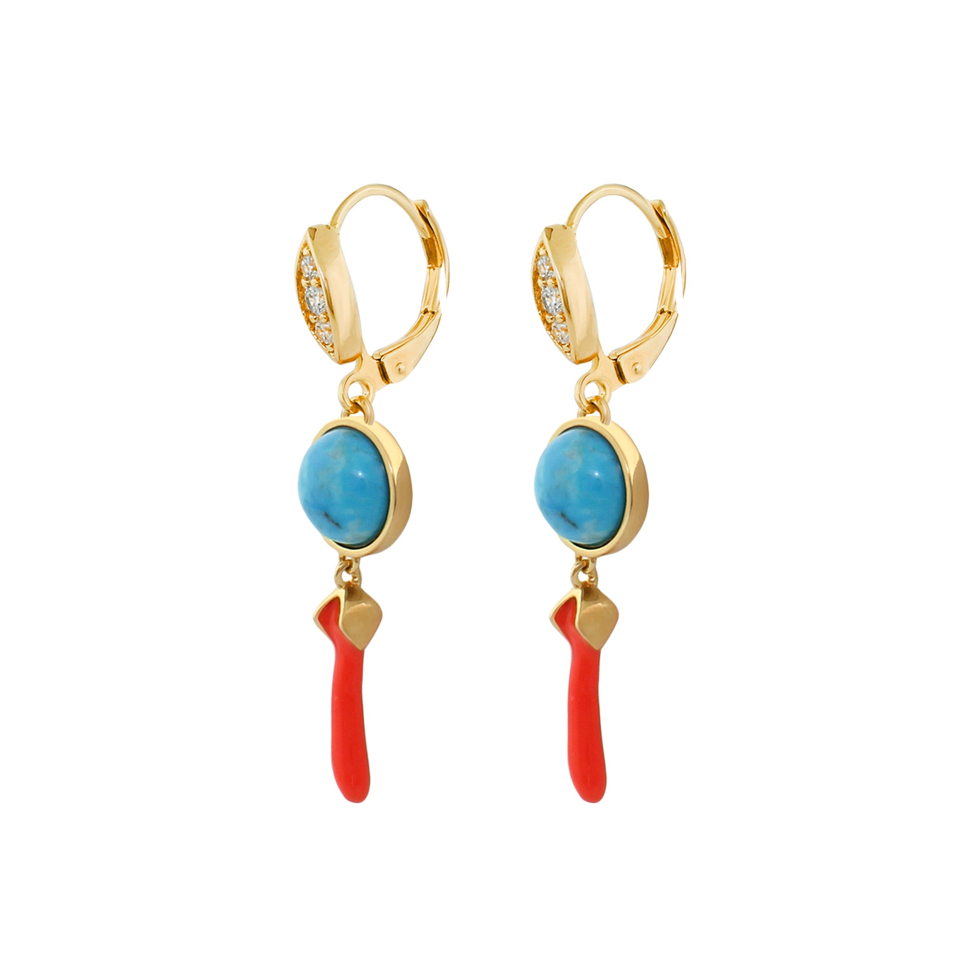 Pretty Little Things Coral Earrings by Lauren G Adams, gold hoops with turquoise drops on Tampa Home & Garden Store