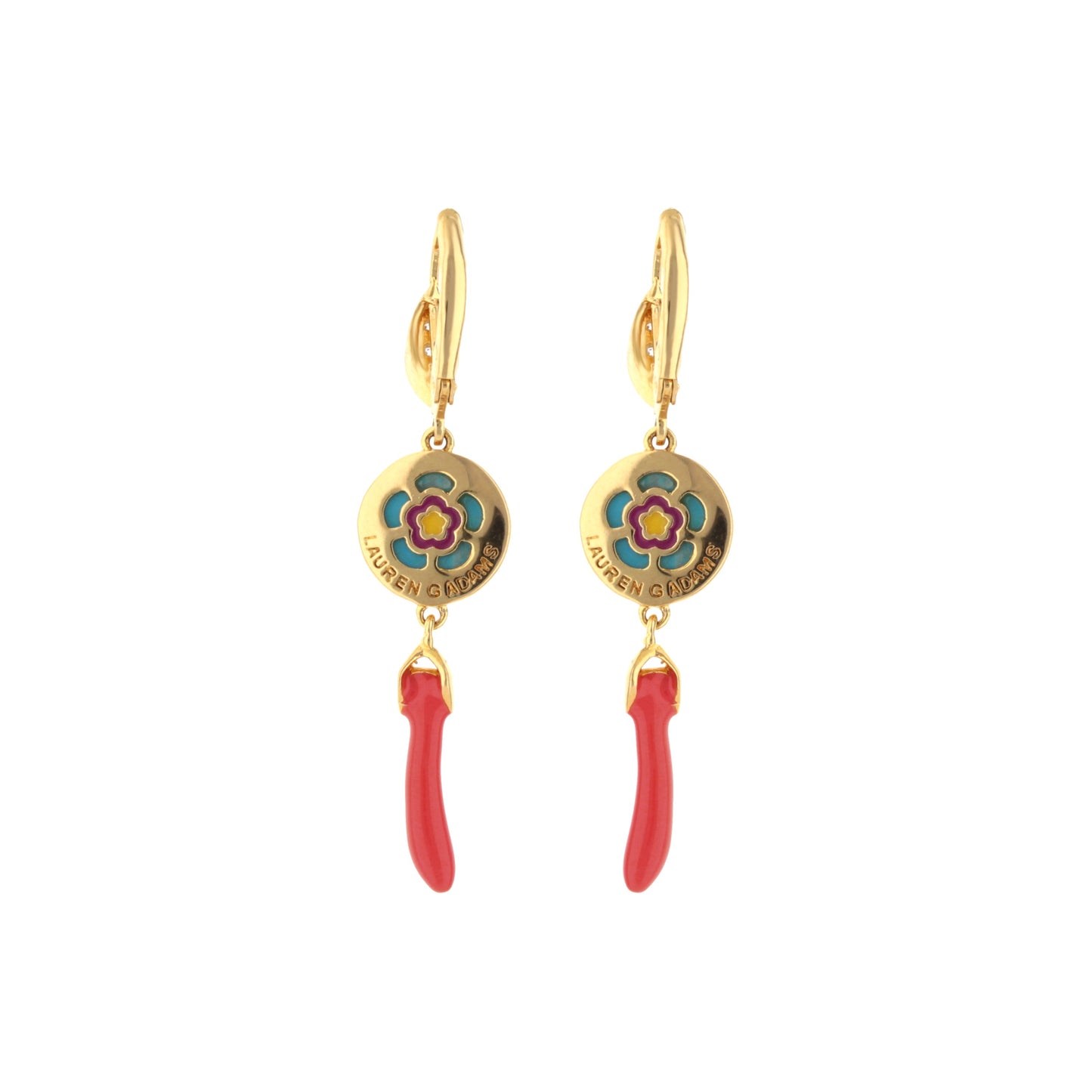 Pretty Little Things Coral Earrings by Lauren G Adams, gold-tone hoops with medallions on Tampa Home & Garden Store