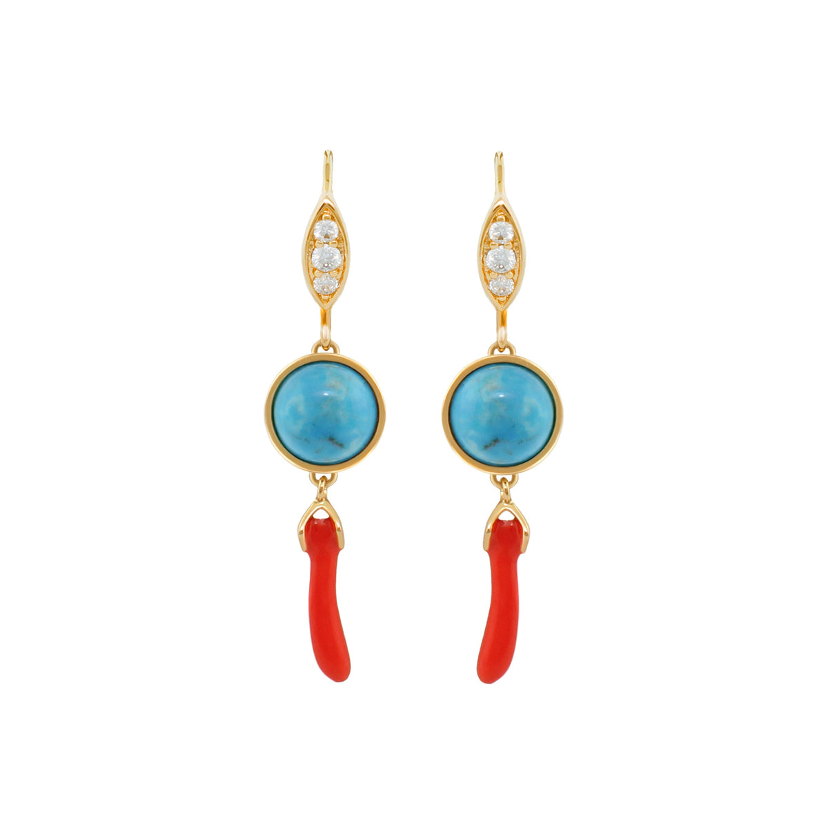 Pretty Little Things Coral Earrings gold-tone with turquoise cabochons and red drops on Tampa Home & Garden Store